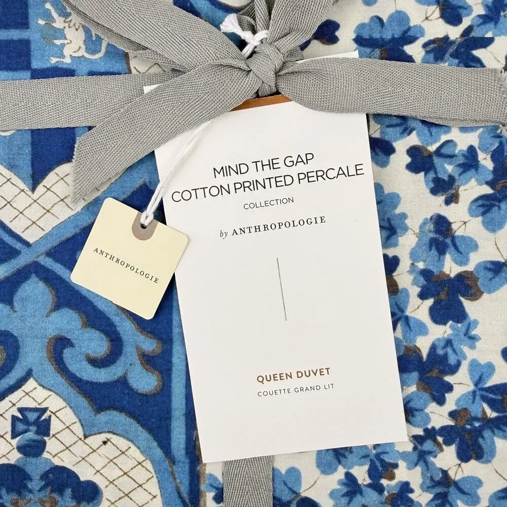 Anthropologie Mind The Gap Duvet Cover QUEEN Blue Cotton Floral Horses New
